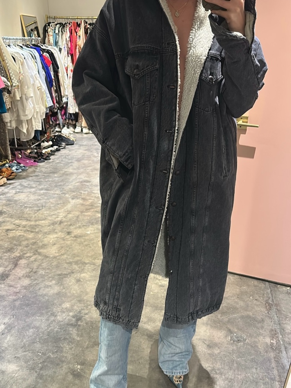 R13 Black Washed Denim Sherpa-Lined Long Jacket
